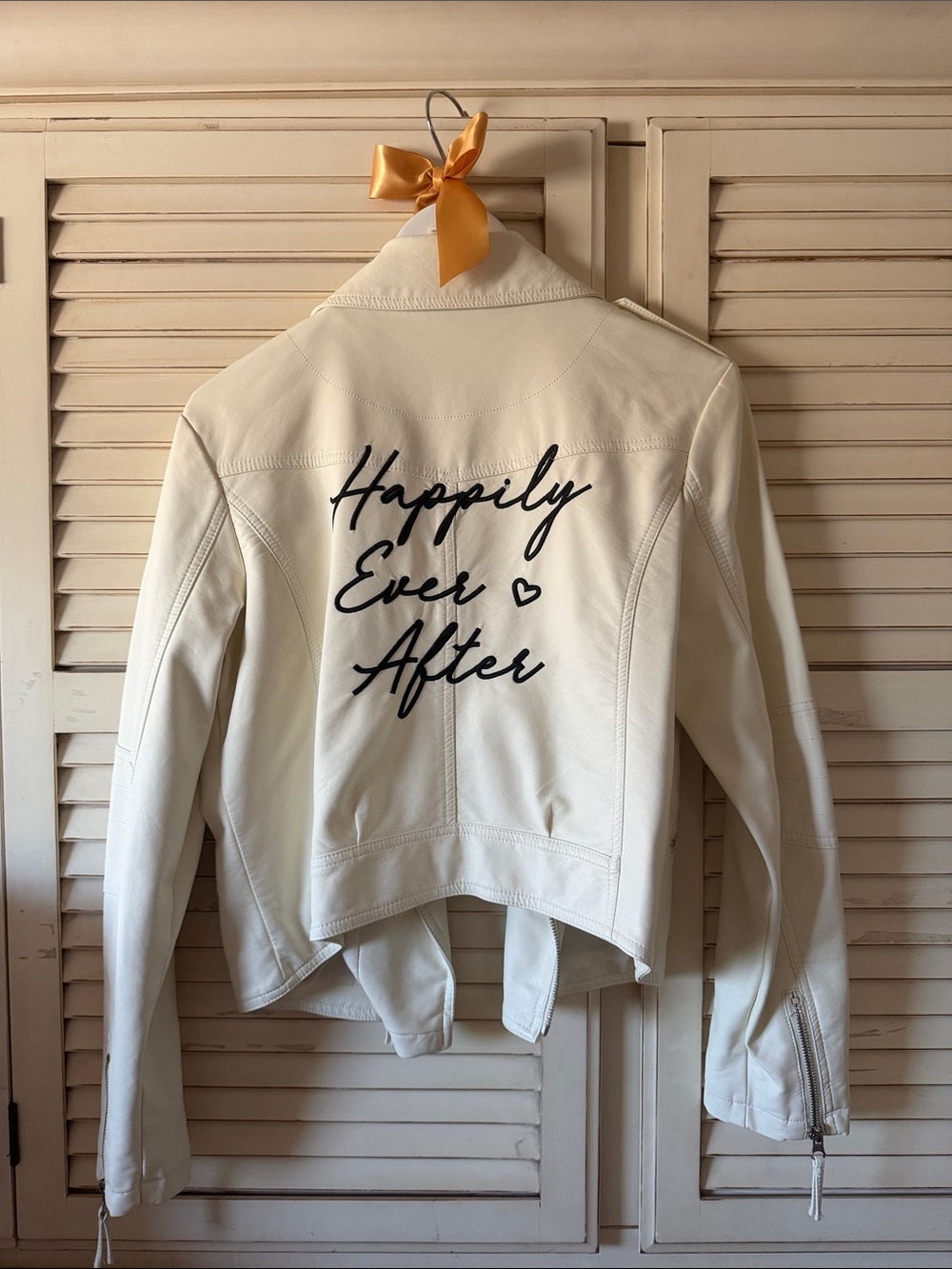 David's Bridal Cream Leather Jacket with 'Happily Ever After' Script